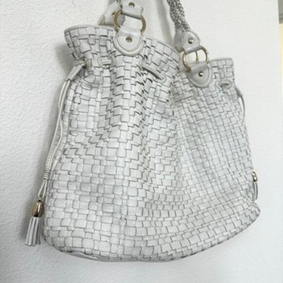 Elliott Lucca White Woven Leather Tote Boho Cottage Minimalist Neutral Coastal - Picture 8 of 11
